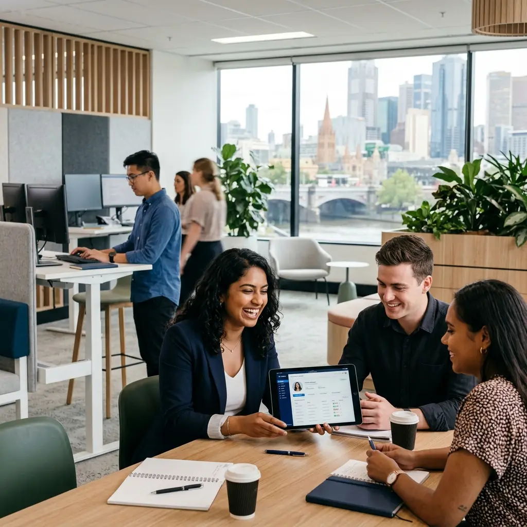 Australian professionals collaborating in a modern office